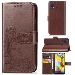 Embossing Imprint Four-Leaf Clover Leather Wallet Case for Samsung Galaxy M31 - Brown