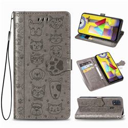 Embossing Dog Paw Kitten and Puppy Leather Wallet Case for Samsung Galaxy M31 - Gray
