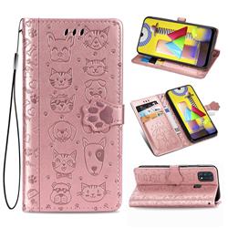 Embossing Dog Paw Kitten and Puppy Leather Wallet Case for Samsung Galaxy M31 - Rose Gold