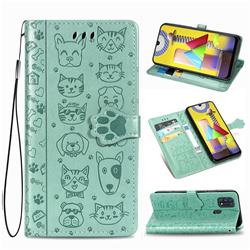 Embossing Dog Paw Kitten and Puppy Leather Wallet Case for Samsung Galaxy M31 - Green