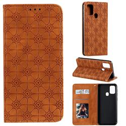 Intricate Embossing Four Leaf Clover Leather Wallet Case for Samsung Galaxy M31 - Yellowish Brown
