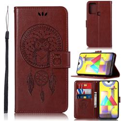 Intricate Embossing Owl Campanula Leather Wallet Case for Samsung Galaxy M31 - Brown
