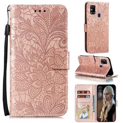 Intricate Embossing Lace Jasmine Flower Leather Wallet Case for Samsung Galaxy M31 - Rose Gold