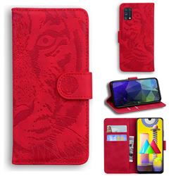 Intricate Embossing Tiger Face Leather Wallet Case for Samsung Galaxy M31 - Red