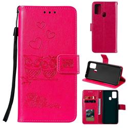 Embossing Owl Couple Flower Leather Wallet Case for Samsung Galaxy M31 - Red