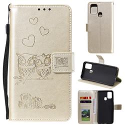 Embossing Owl Couple Flower Leather Wallet Case for Samsung Galaxy M31 - Golden