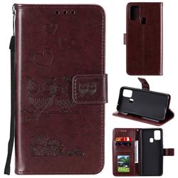 Embossing Owl Couple Flower Leather Wallet Case for Samsung Galaxy M31 - Brown