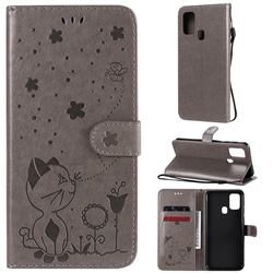 Embossing Bee and Cat Leather Wallet Case for Samsung Galaxy M31 - Gray