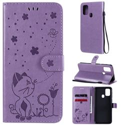 Embossing Bee and Cat Leather Wallet Case for Samsung Galaxy M31 - Purple