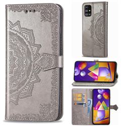 Embossing Imprint Mandala Flower Leather Wallet Case for Samsung Galaxy M31s - Gray