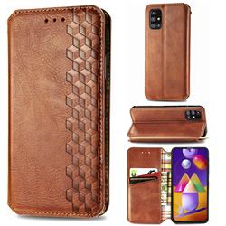 Ultra Slim Fashion Business Card Magnetic Automatic Suction Leather Flip Cover for Samsung Galaxy M31s - Brown