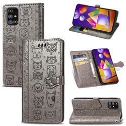 Embossing Dog Paw Kitten and Puppy Leather Wallet Case for Samsung Galaxy M31s - Gray