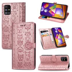 Embossing Dog Paw Kitten and Puppy Leather Wallet Case for Samsung Galaxy M31s - Rose Gold