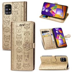 Embossing Dog Paw Kitten and Puppy Leather Wallet Case for Samsung Galaxy M31s - Champagne Gold