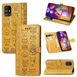 Embossing Dog Paw Kitten and Puppy Leather Wallet Case for Samsung Galaxy M31s - Yellow