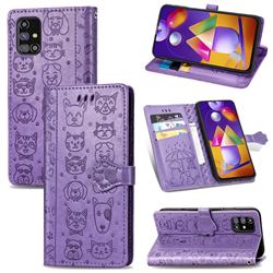Embossing Dog Paw Kitten and Puppy Leather Wallet Case for Samsung Galaxy M31s - Purple