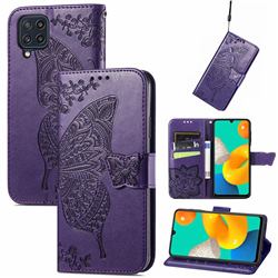 Embossing Mandala Flower Butterfly Leather Wallet Case for Samsung Galaxy M32 - Dark Purple