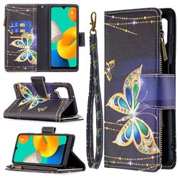 Golden Shining Butterfly Binfen Color BF03 Retro Zipper Leather Wallet Phone Case for Samsung Galaxy M32