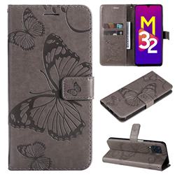 Embossing 3D Butterfly Leather Wallet Case for Samsung Galaxy M32 - Gray