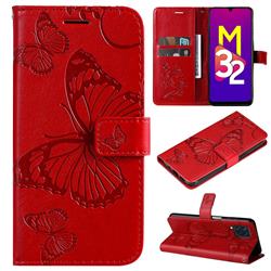 Embossing 3D Butterfly Leather Wallet Case for Samsung Galaxy M32 - Red