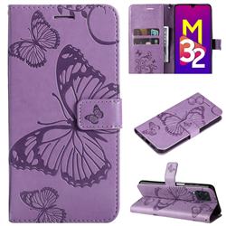 Embossing 3D Butterfly Leather Wallet Case for Samsung Galaxy M32 - Purple