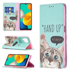 Hand Up Cat Slim Magnetic Attraction Wallet Flip Cover for Samsung Galaxy M32
