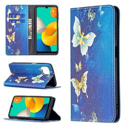Gold Butterfly Slim Magnetic Attraction Wallet Flip Cover for Samsung Galaxy M32