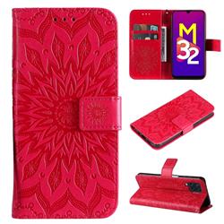 Embossing Sunflower Leather Wallet Case for Samsung Galaxy M32 - Red