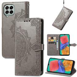 Embossing Imprint Mandala Flower Leather Wallet Case for Samsung Galaxy M33 - Gray