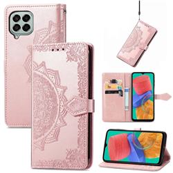 Embossing Imprint Mandala Flower Leather Wallet Case for Samsung Galaxy M33 - Rose Gold