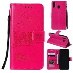 Embossing Owl Couple Flower Leather Wallet Case for Samsung Galaxy M40 - Red
