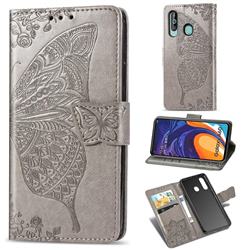 Embossing Mandala Flower Butterfly Leather Wallet Case for Samsung Galaxy M40 - Gray