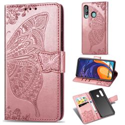 Embossing Mandala Flower Butterfly Leather Wallet Case for Samsung Galaxy M40 - Rose Gold