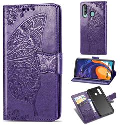 Embossing Mandala Flower Butterfly Leather Wallet Case for Samsung Galaxy M40 - Dark Purple
