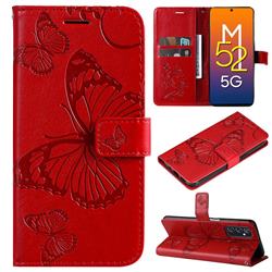 Embossing 3D Butterfly Leather Wallet Case for Samsung Galaxy M52 5G - Red