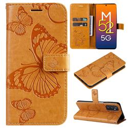 Embossing 3D Butterfly Leather Wallet Case for Samsung Galaxy M52 5G - Yellow