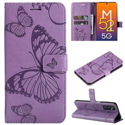 Embossing 3D Butterfly Leather Wallet Case for Samsung Galaxy M52 5G - Purple