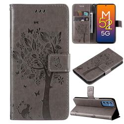 Embossing Butterfly Tree Leather Wallet Case for Samsung Galaxy M52 5G - Grey
