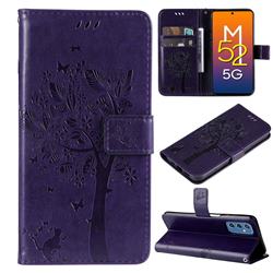Embossing Butterfly Tree Leather Wallet Case for Samsung Galaxy M52 5G - Purple