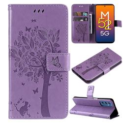 Embossing Butterfly Tree Leather Wallet Case for Samsung Galaxy M52 5G - Violet