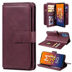 Multi-function Ten Card Slots and Photo Frame PU Leather Wallet Phone Case Cover for Samsung Galaxy M52 5G - Claret