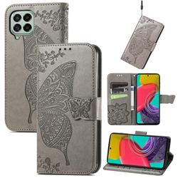 Embossing Mandala Flower Butterfly Leather Wallet Case for Samsung Galaxy M53 - Gray