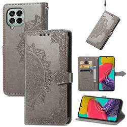 Embossing Imprint Mandala Flower Leather Wallet Case for Samsung Galaxy M53 - Gray