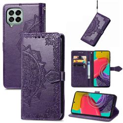 Embossing Imprint Mandala Flower Leather Wallet Case for Samsung Galaxy M53 - Purple