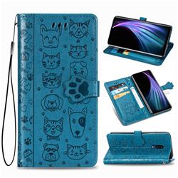 Embossing Dog Paw Kitten and Puppy Leather Wallet Case for Sharp AQUOS Zero2 SH-01M - Blue