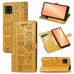 Embossing Dog Paw Kitten and Puppy Leather Wallet Case for Sharp AQUOS sense4 SH-41A - Yellow