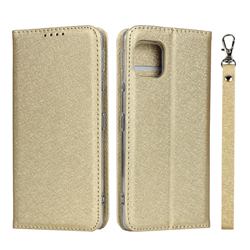 Ultra Slim Magnetic Automatic Suction Silk Lanyard Leather Flip Cover for Sharp AQUOS sense4 SH-41A - Golden