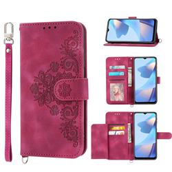 Skin Feel Embossed Lace Flower Multiple Card Slots Leather Wallet Phone Case for Sharp AQUOS sense4 SH-41A - Claret Red