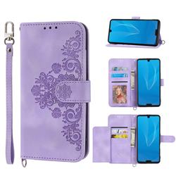 Skin Feel Embossed Lace Flower Multiple Card Slots Leather Wallet Phone Case for Sharp AQUOS R3 SHV44 - Purple