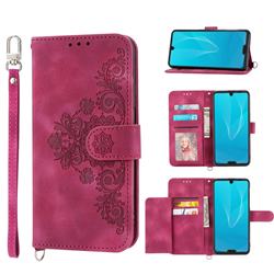 Skin Feel Embossed Lace Flower Multiple Card Slots Leather Wallet Phone Case for Sharp AQUOS R3 SHV44 - Claret Red
